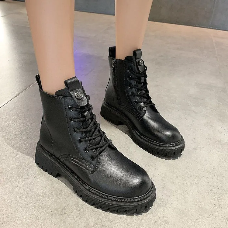 Amozae-QWEEK British Style Martin Boots 2024 New Women's Short Shoes Brown Black Grey Platform Autumn Spring Rubber Fashion Lace-up