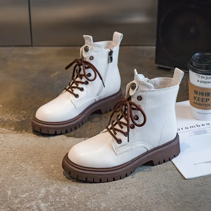 Amozae-QWEEK British Style Martin Boots 2024 New Women's Short Shoes Brown Black Grey Platform Autumn Spring Rubber Fashion Lace-up