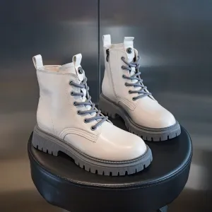 Amozae-QWEEK British Style Martin Boots 2024 New Women's Short Shoes Brown Black Grey Platform Autumn Spring Rubber Fashion Lace-up