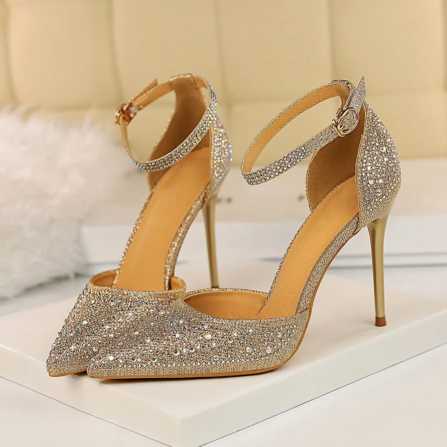 Amozae-     Women 10cm High Heels Size 40 Sandals Wedding Bridal Scarpins Glitter Heels Fetish Stiletto Crystal Gold Pumps Shoes