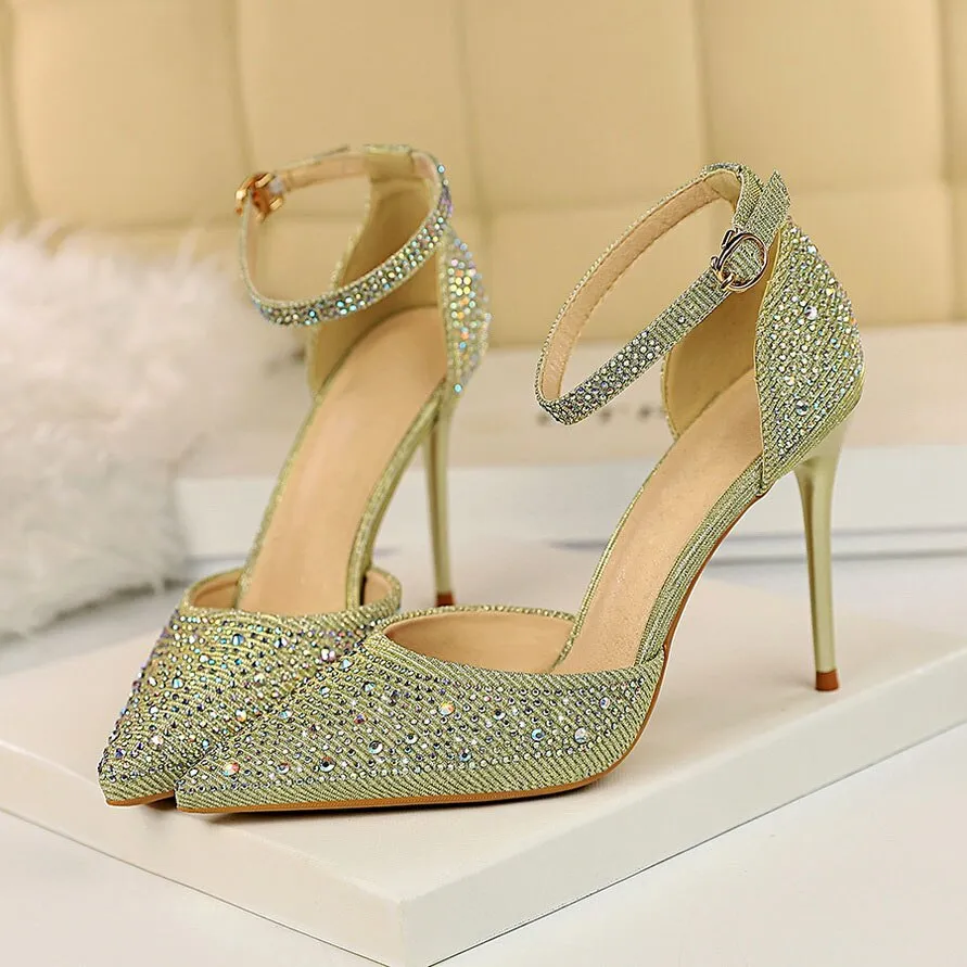 Amozae-     Women 10cm High Heels Size 40 Sandals Wedding Bridal Scarpins Glitter Heels Fetish Stiletto Crystal Gold Pumps Shoes