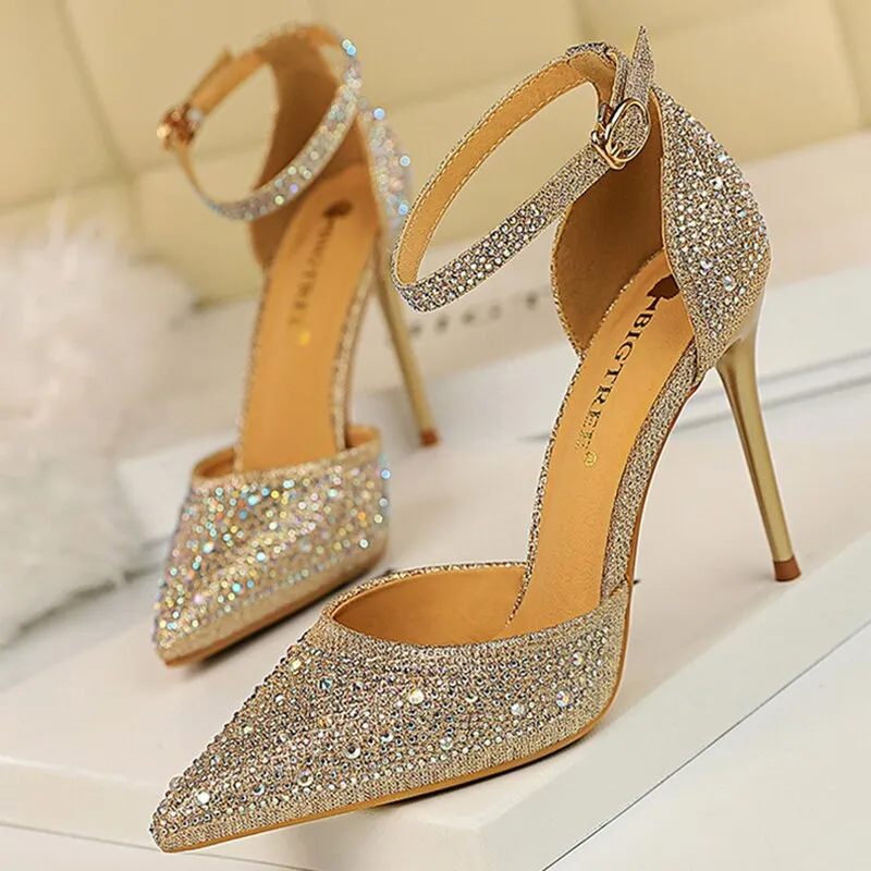 Amozae-     Women 10cm High Heels Size 40 Sandals Wedding Bridal Scarpins Glitter Heels Fetish Stiletto Crystal Gold Pumps Shoes