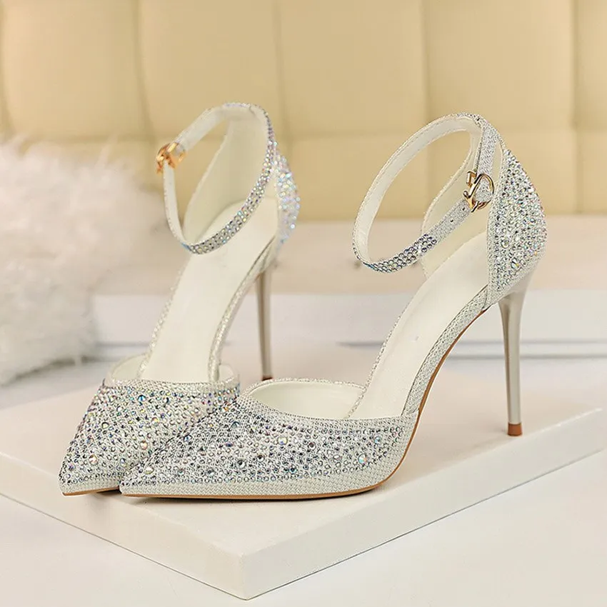 Amozae-     Women 10cm High Heels Size 40 Sandals Wedding Bridal Scarpins Glitter Heels Fetish Stiletto Crystal Gold Pumps Shoes