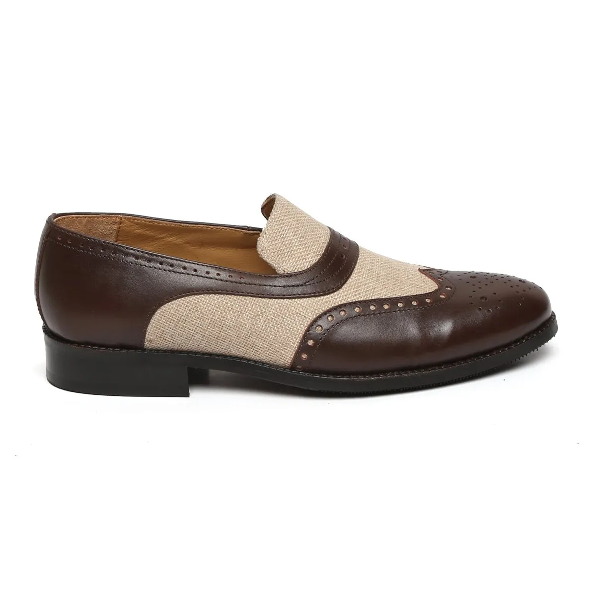 BEIGE JUTE BROWN LEATHER SASSY SLIP-ONS BY BRUNE & BARESKIN