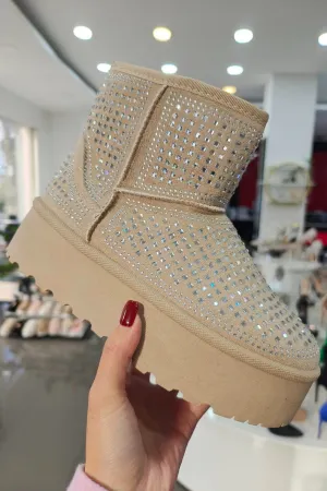 BEIGE ULTRA MINI SPARKLY FUR LINED CHUNKY PLATFORM SNOW BOOTS