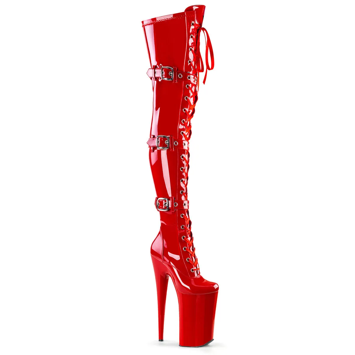 Beyond 3028 Red Patent 10" Heel Buckle Strap OTK Thigh Boots -Direct