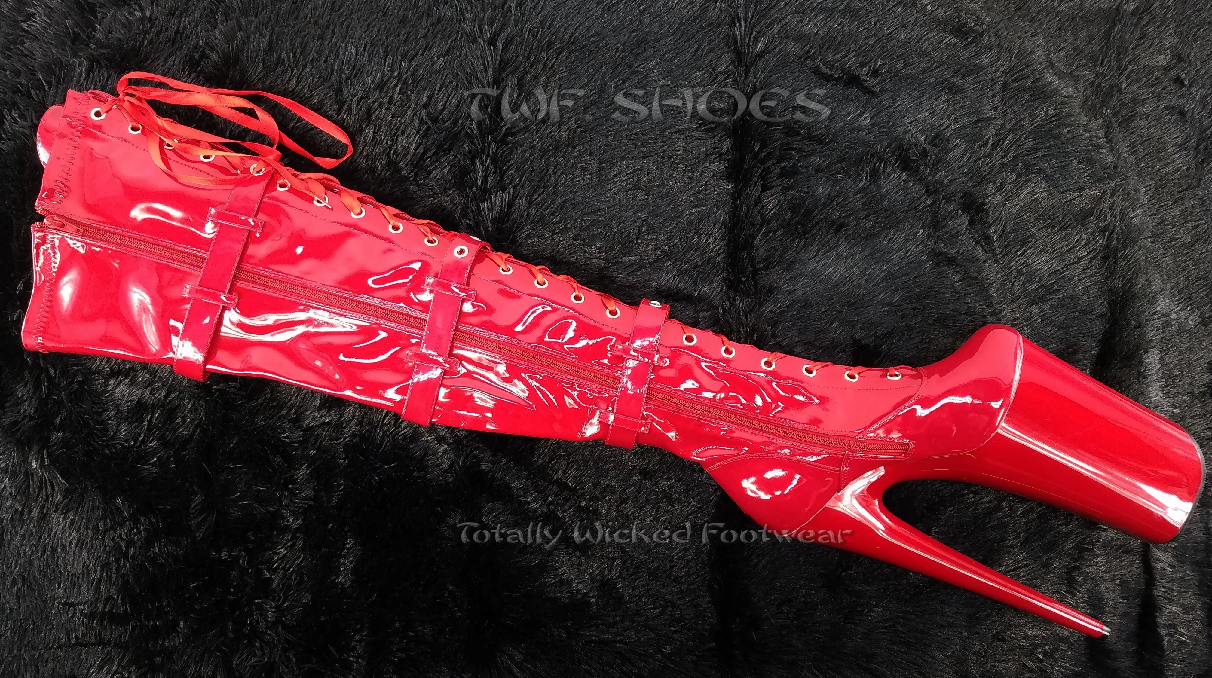 Beyond 3028 Red Patent 10" Heel Buckle Strap OTK Thigh Boots -Direct