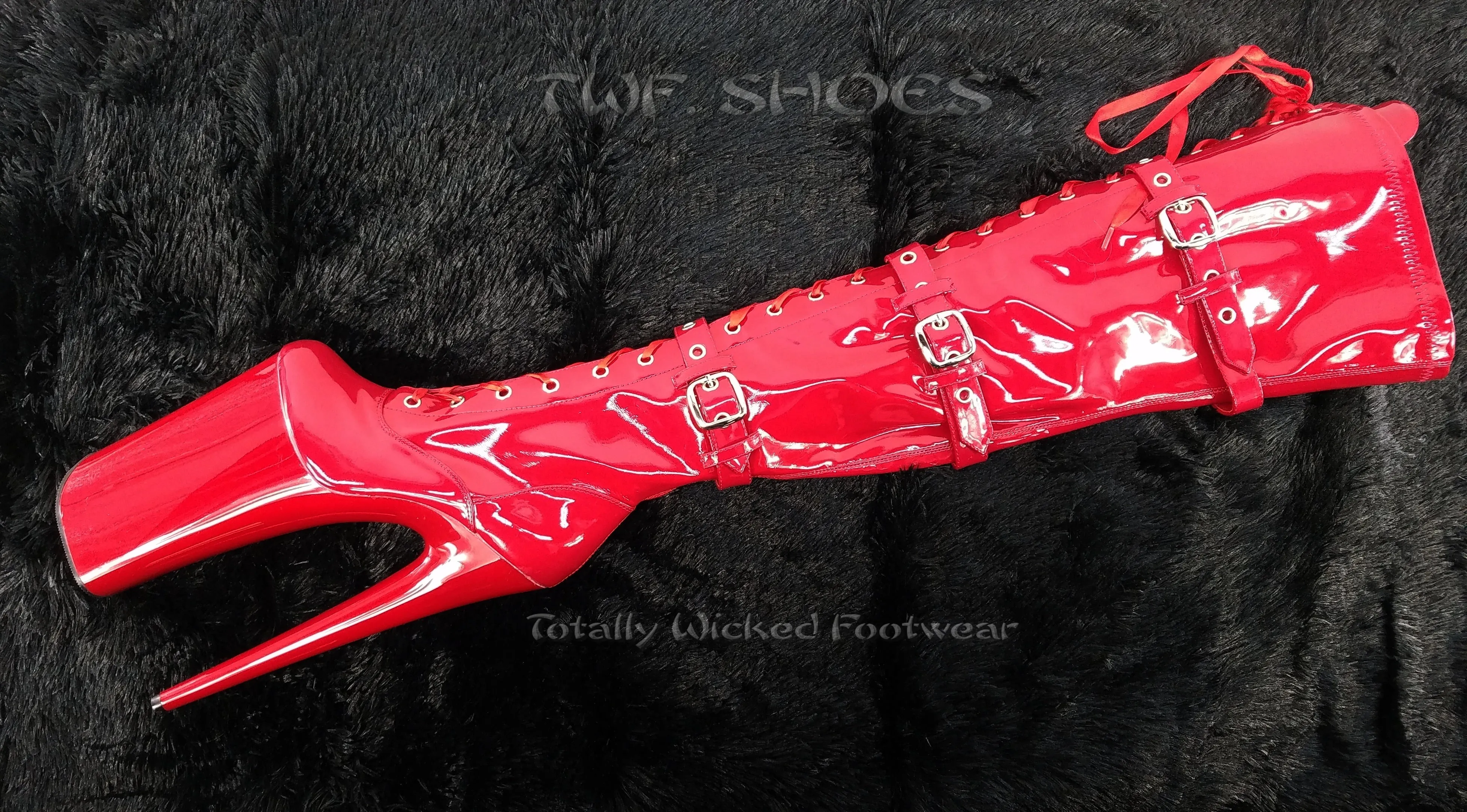 Beyond 3028 Red Patent 10" Heel Buckle Strap OTK Thigh Boots -Direct