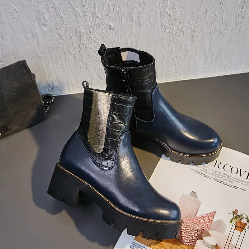 Bigsizeheels Concise platform round toe punk short boots - Blue