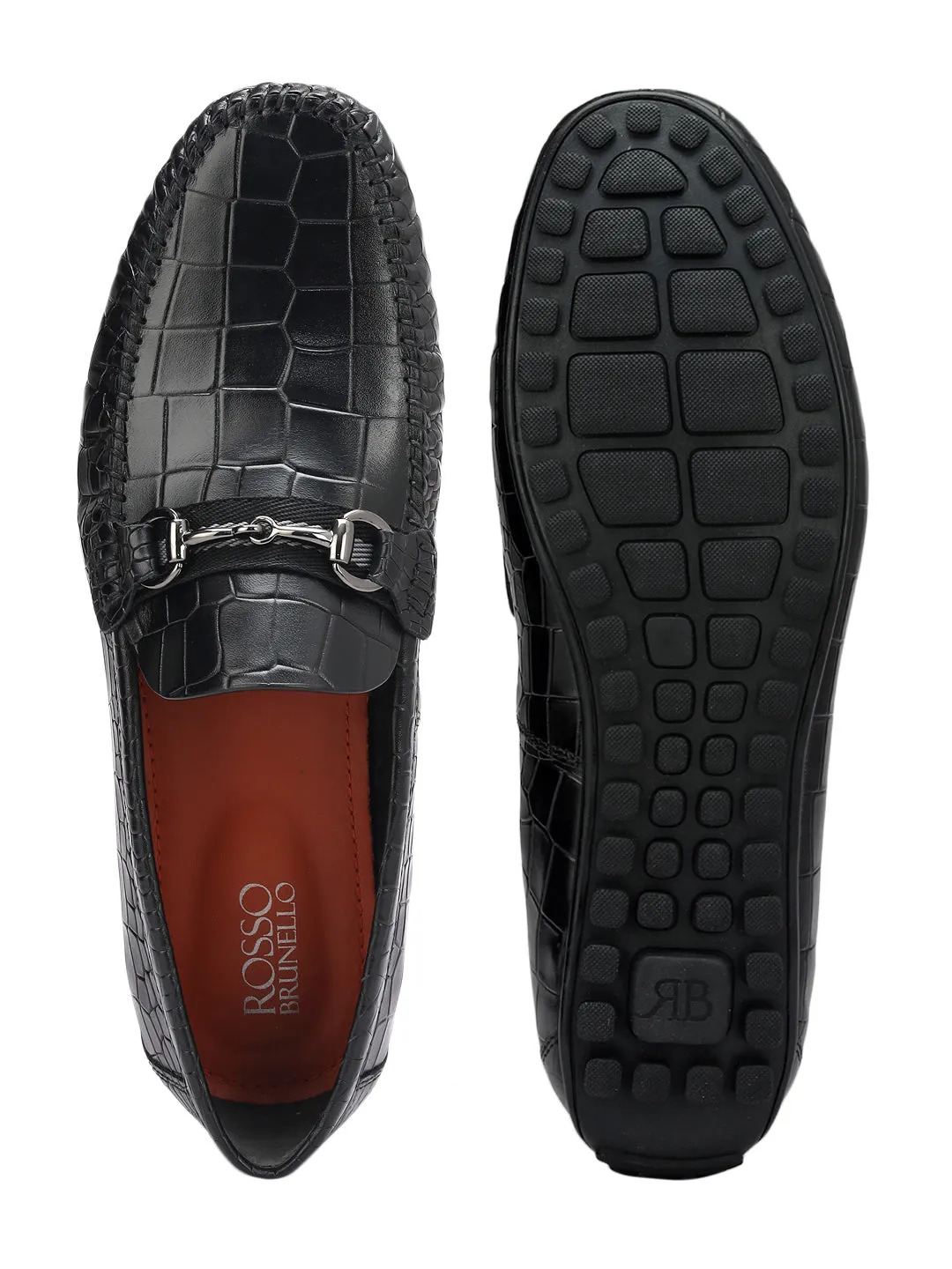 Black Croco Textured Moccasins With Buckle
