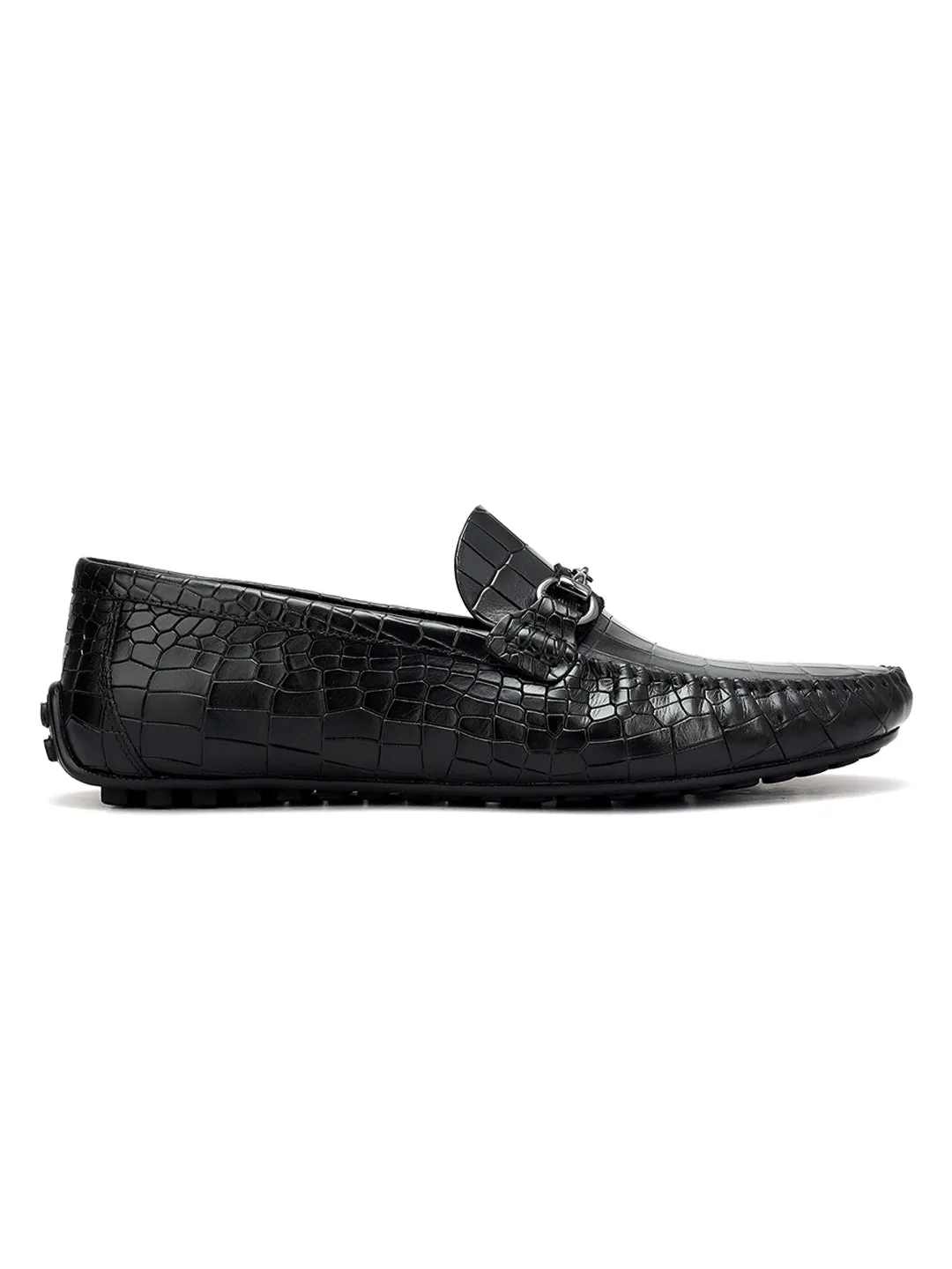 Black Croco Textured Moccasins With Buckle