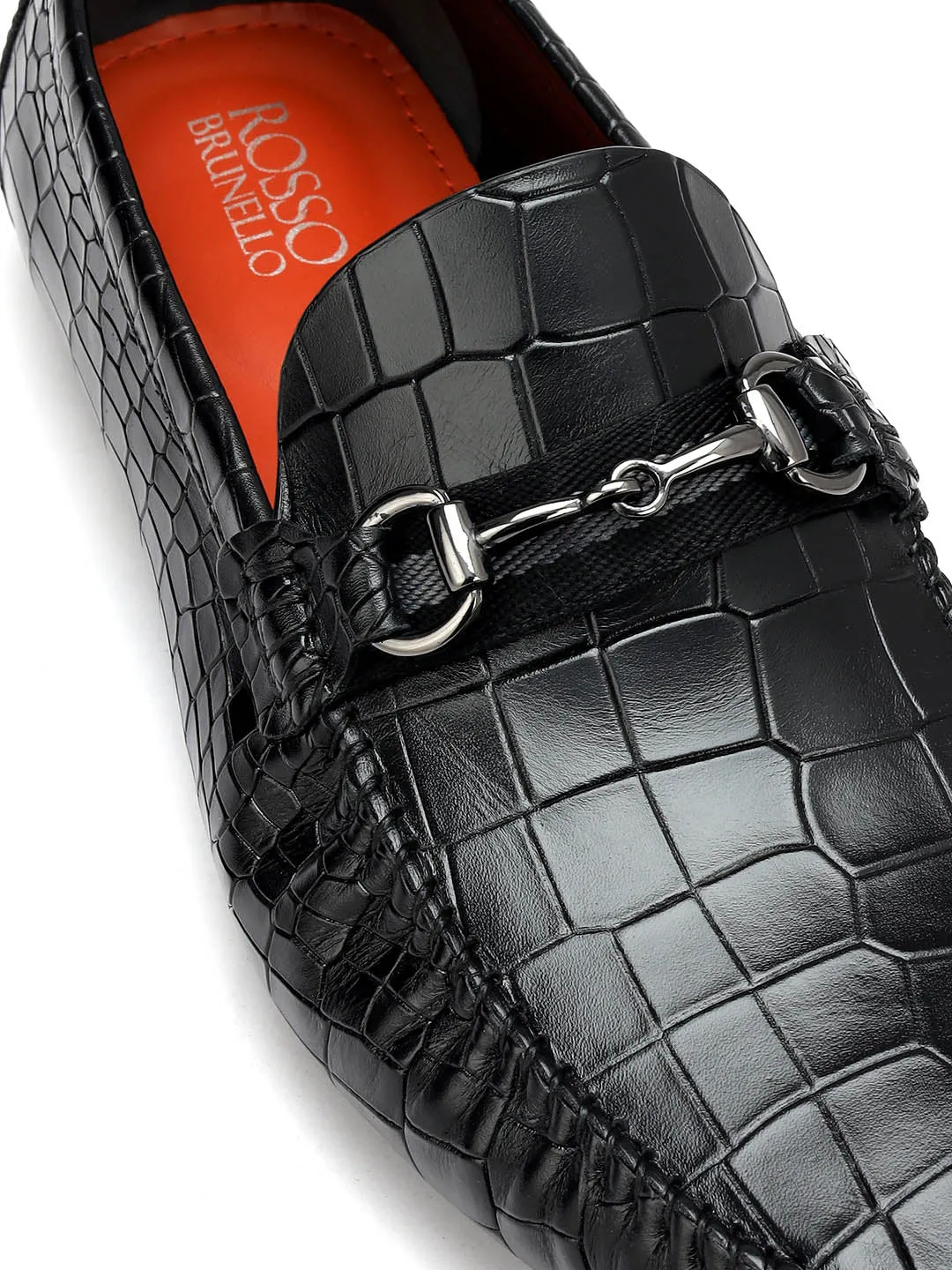 Black Croco Textured Moccasins With Buckle