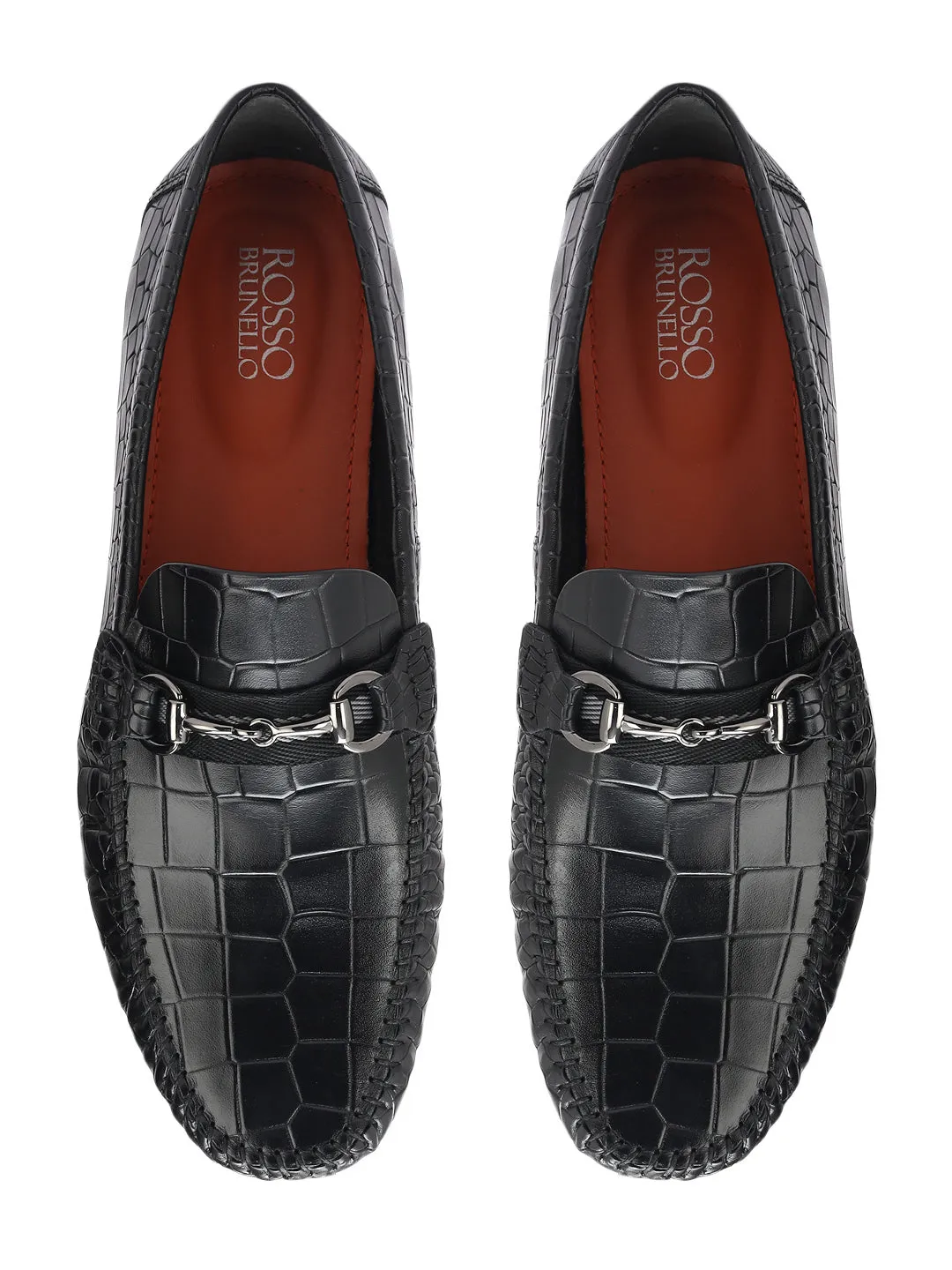 Black Croco Textured Moccasins With Buckle