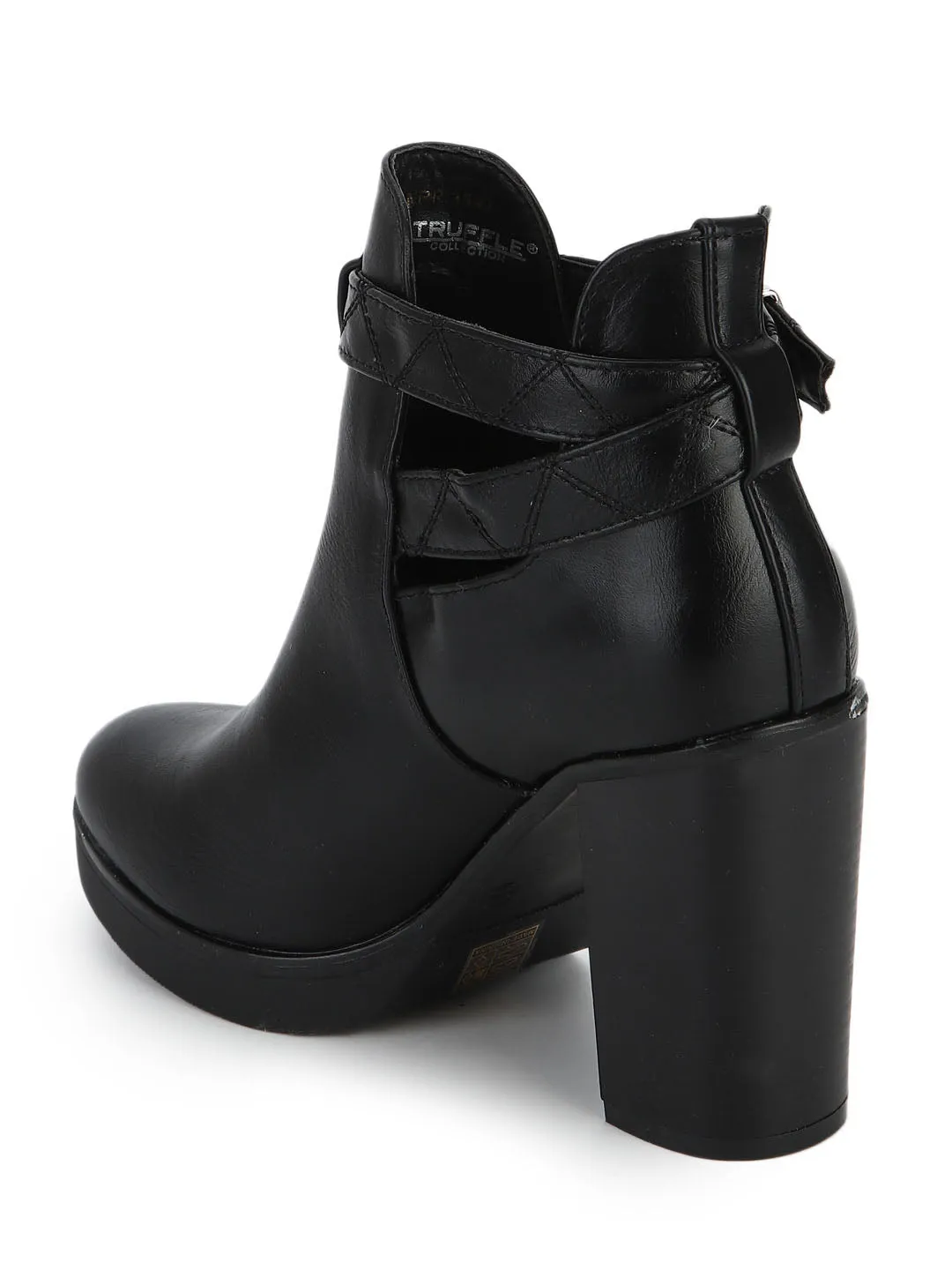 Black PU Buckle Block High Heel Ankle Boots