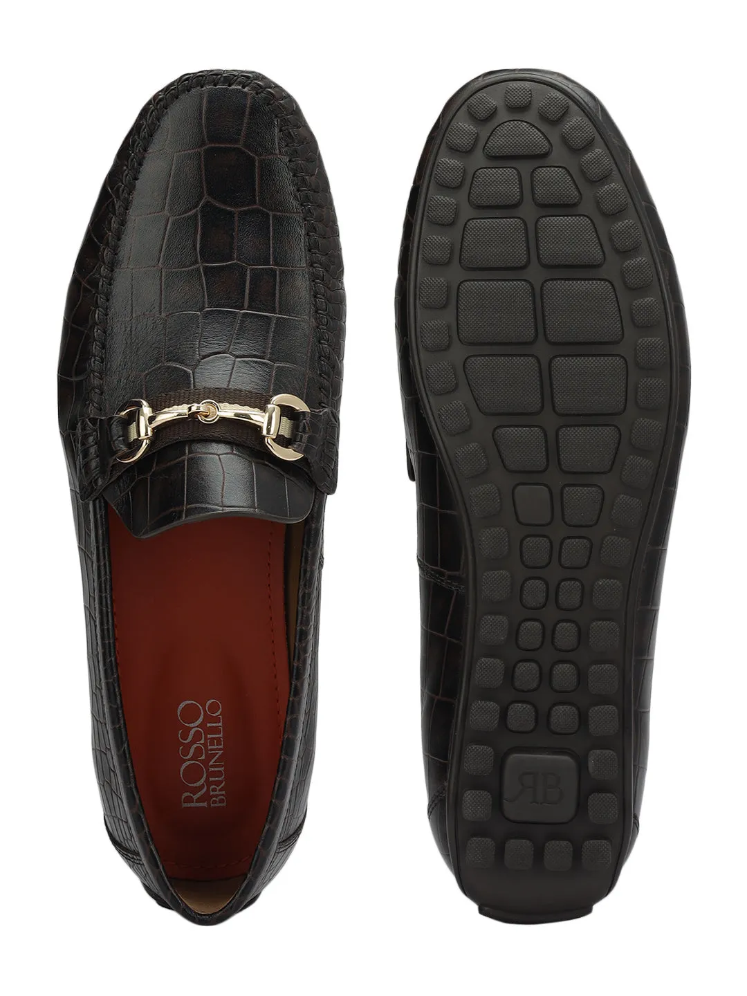Brown Croco Textured Moccasins With Buckle