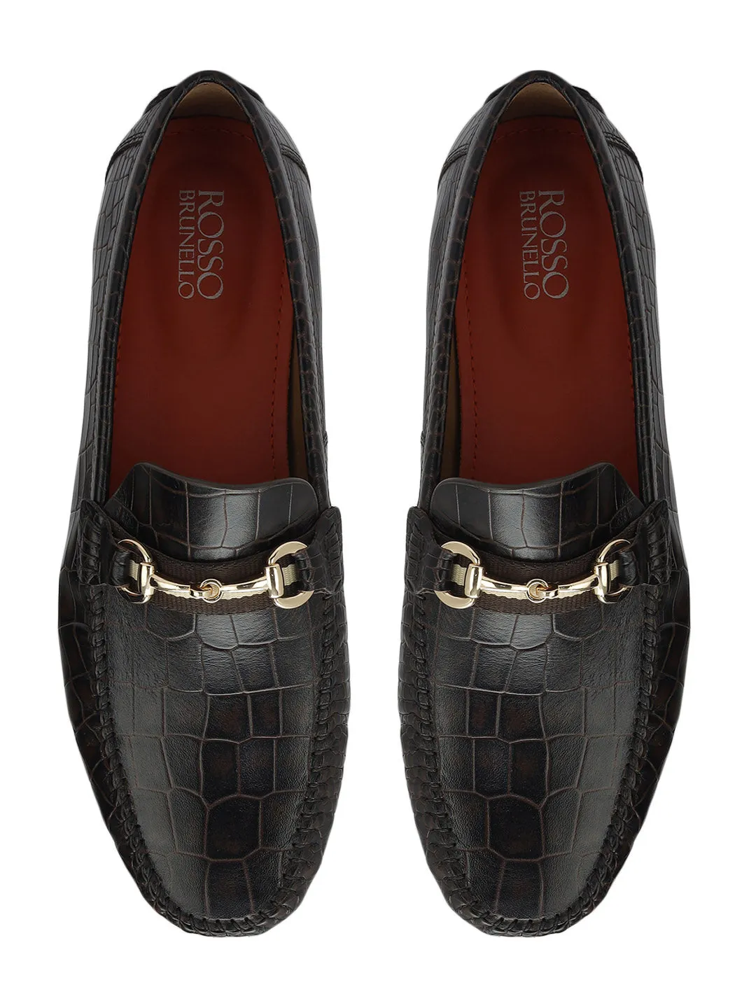 Brown Croco Textured Moccasins With Buckle