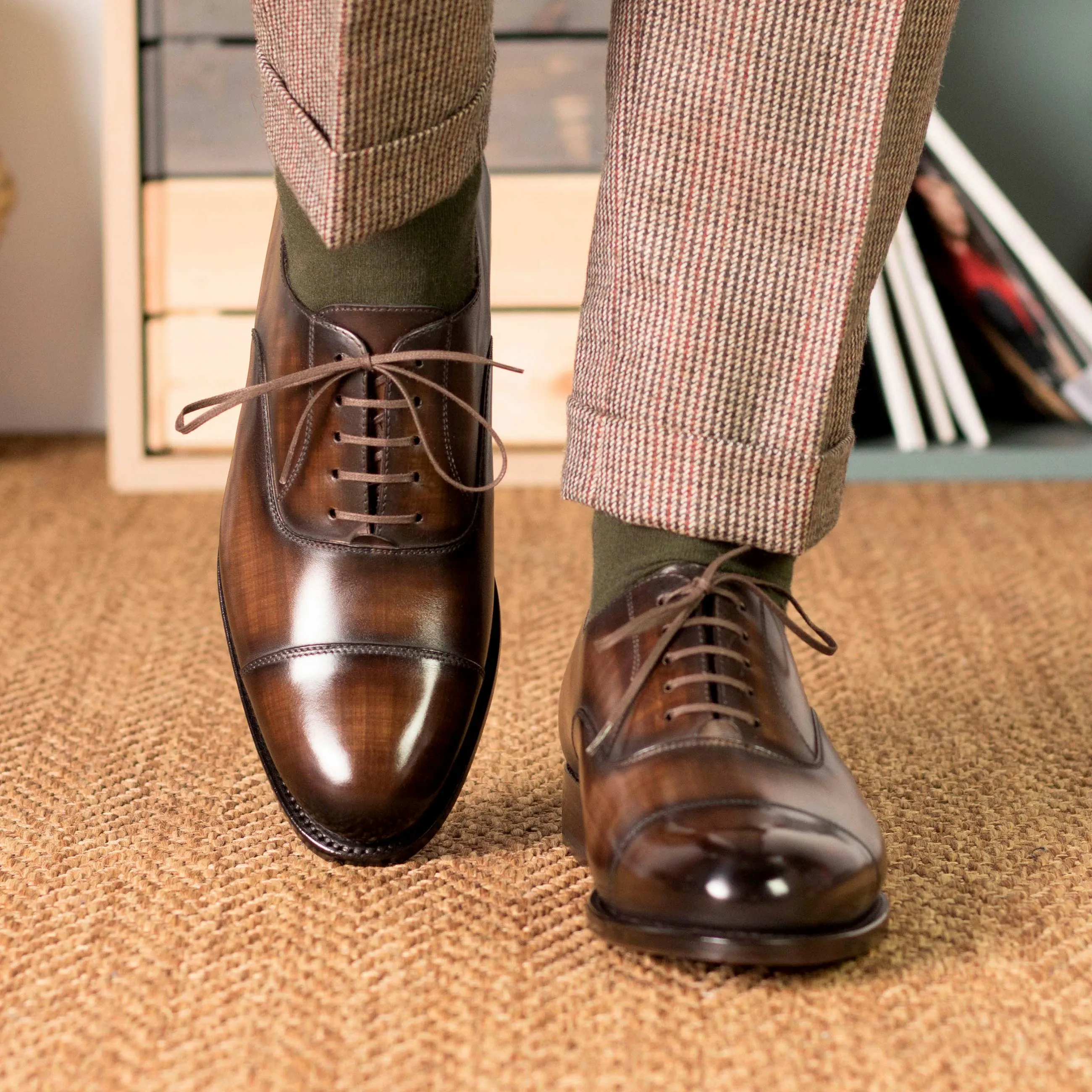 Brown Patina Cap-Toe Oxford Shoes