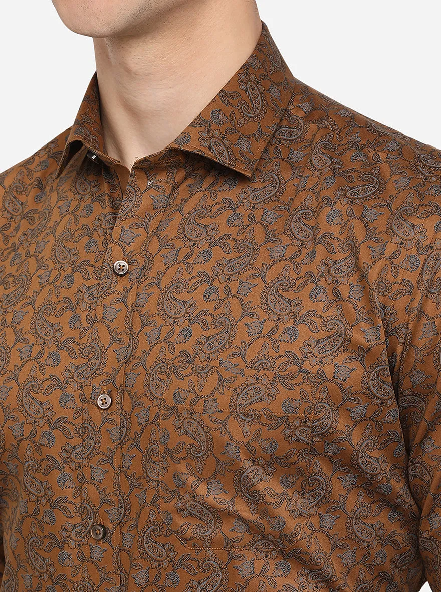 Brown Printed Slim Fit Party Wear Shirt | Greenfibre