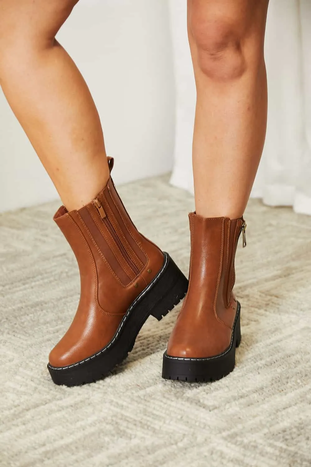 Brown Vegan Leather Side Zip Platform Boots