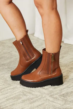 Brown Vegan Leather Side Zip Platform Boots