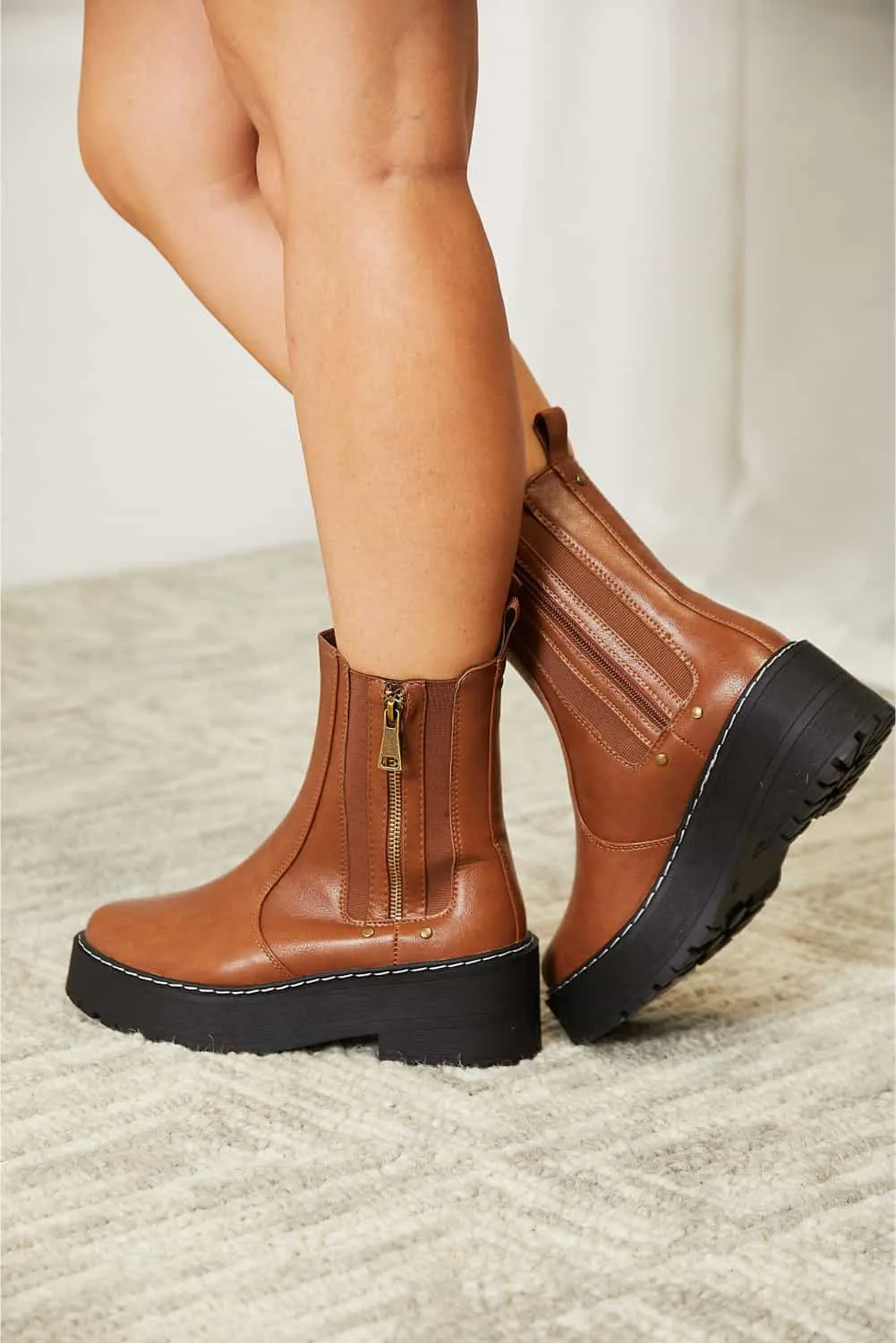 Brown Vegan Leather Side Zip Platform Boots