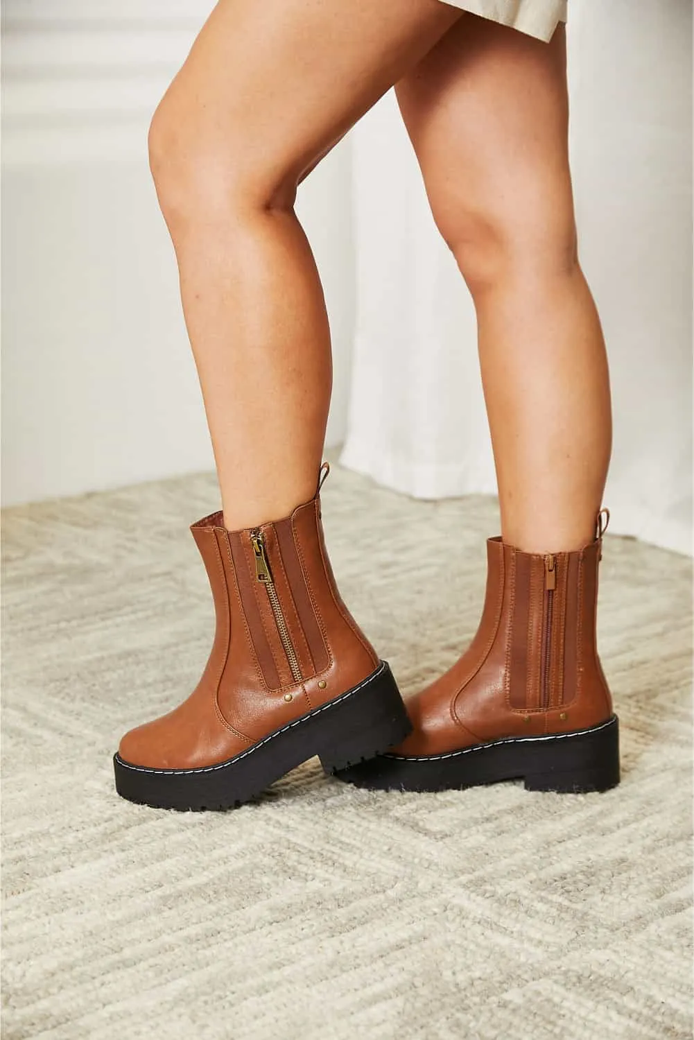 Brown Vegan Leather Side Zip Platform Boots