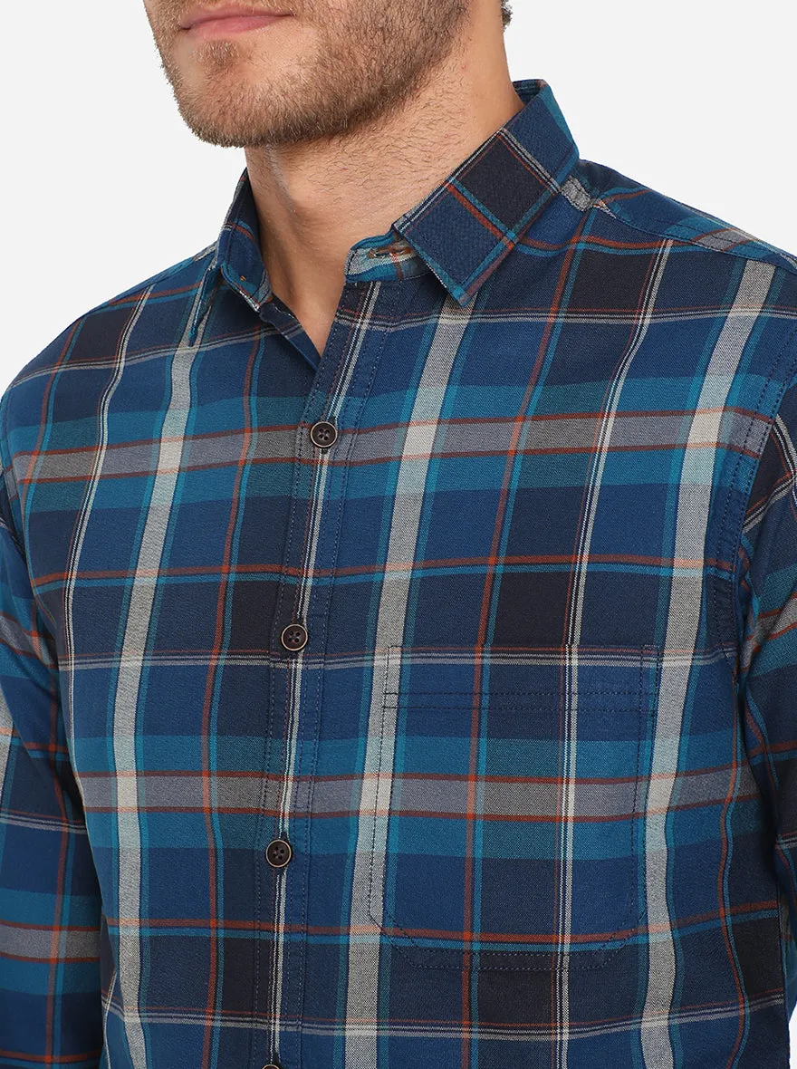 Dark Blue Checked Slim Fit Semi Casual Shirt | Greenfibre