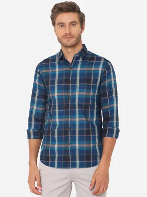 Dark Blue Checked Slim Fit Semi Casual Shirt | Greenfibre