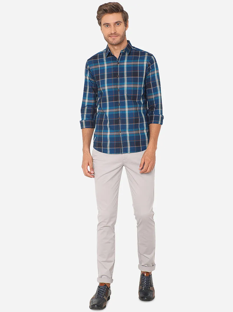 Dark Blue Checked Slim Fit Semi Casual Shirt | Greenfibre
