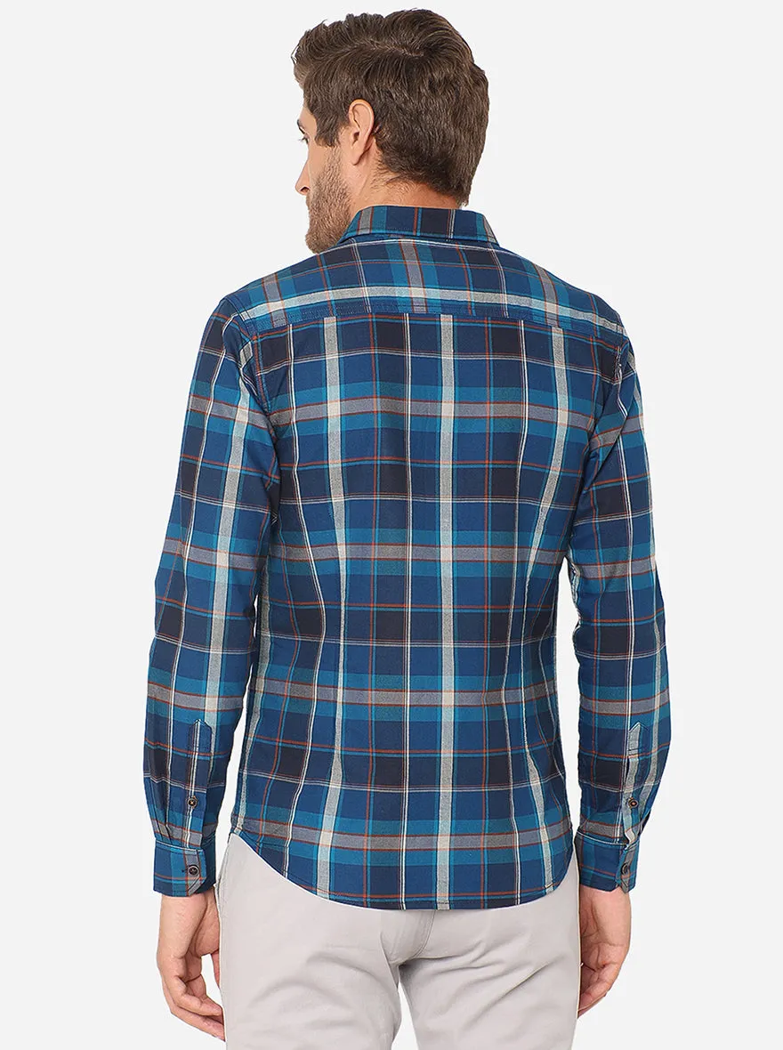 Dark Blue Checked Slim Fit Semi Casual Shirt | Greenfibre