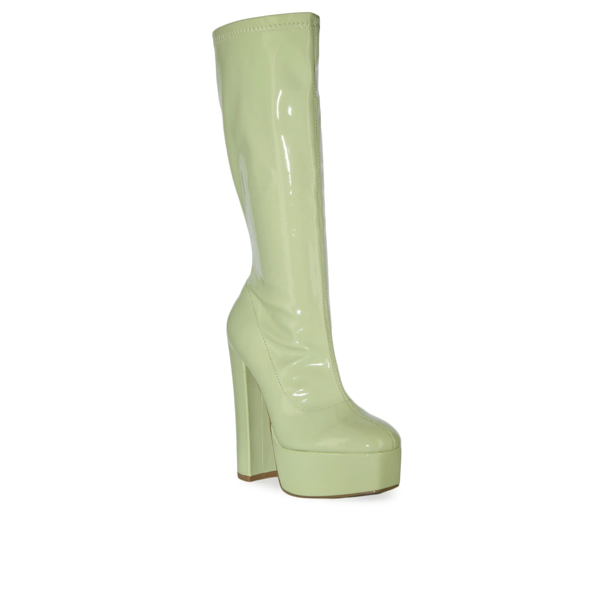 DOSSY-04 Patent Mid-Calf Platform Chunky Block Heel Boots