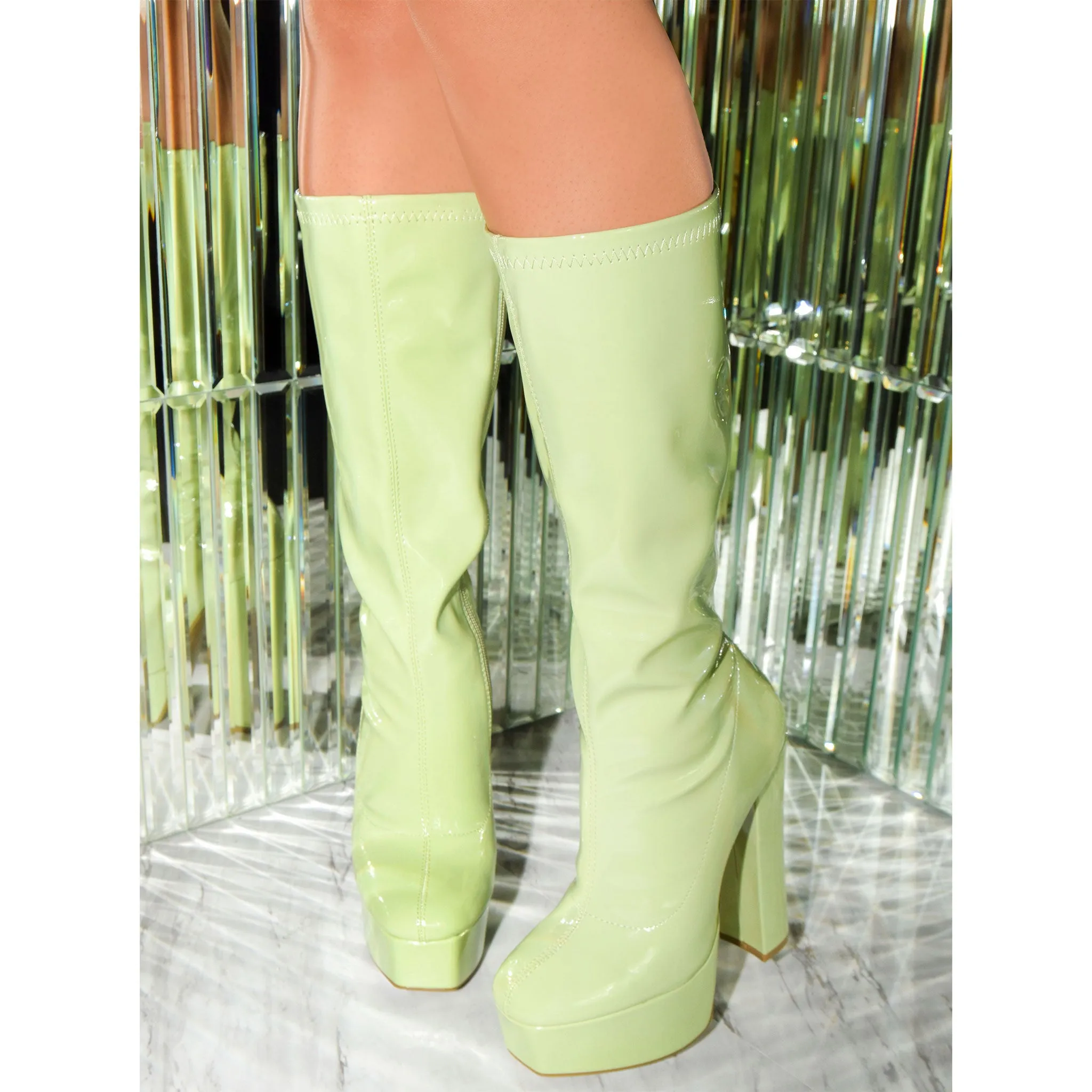 DOSSY-04 Patent Mid-Calf Platform Chunky Block Heel Boots