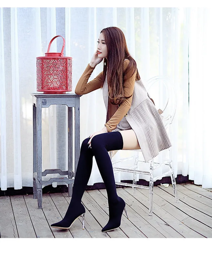 European and American Style Women's Slim High Heel Pointed Toe Over-the-Knee Boots