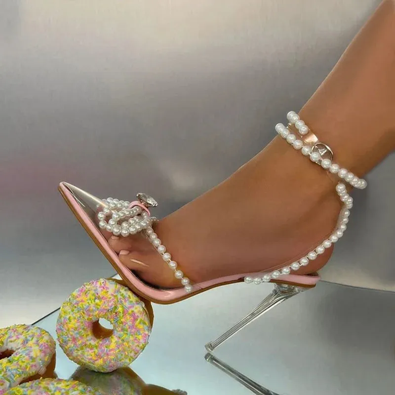 Faux pearl straps Transparent High Heel Sandals