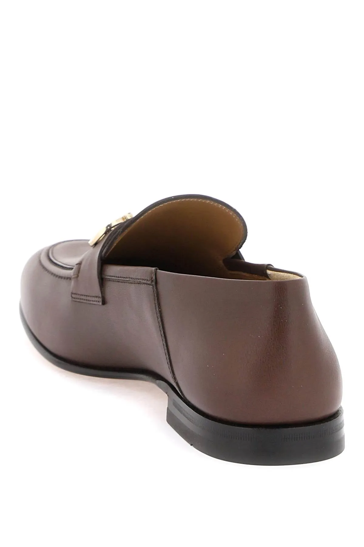 Ferragamo Men's Brown Gancini Hook Leather Loafers with Lightly Padded Insole