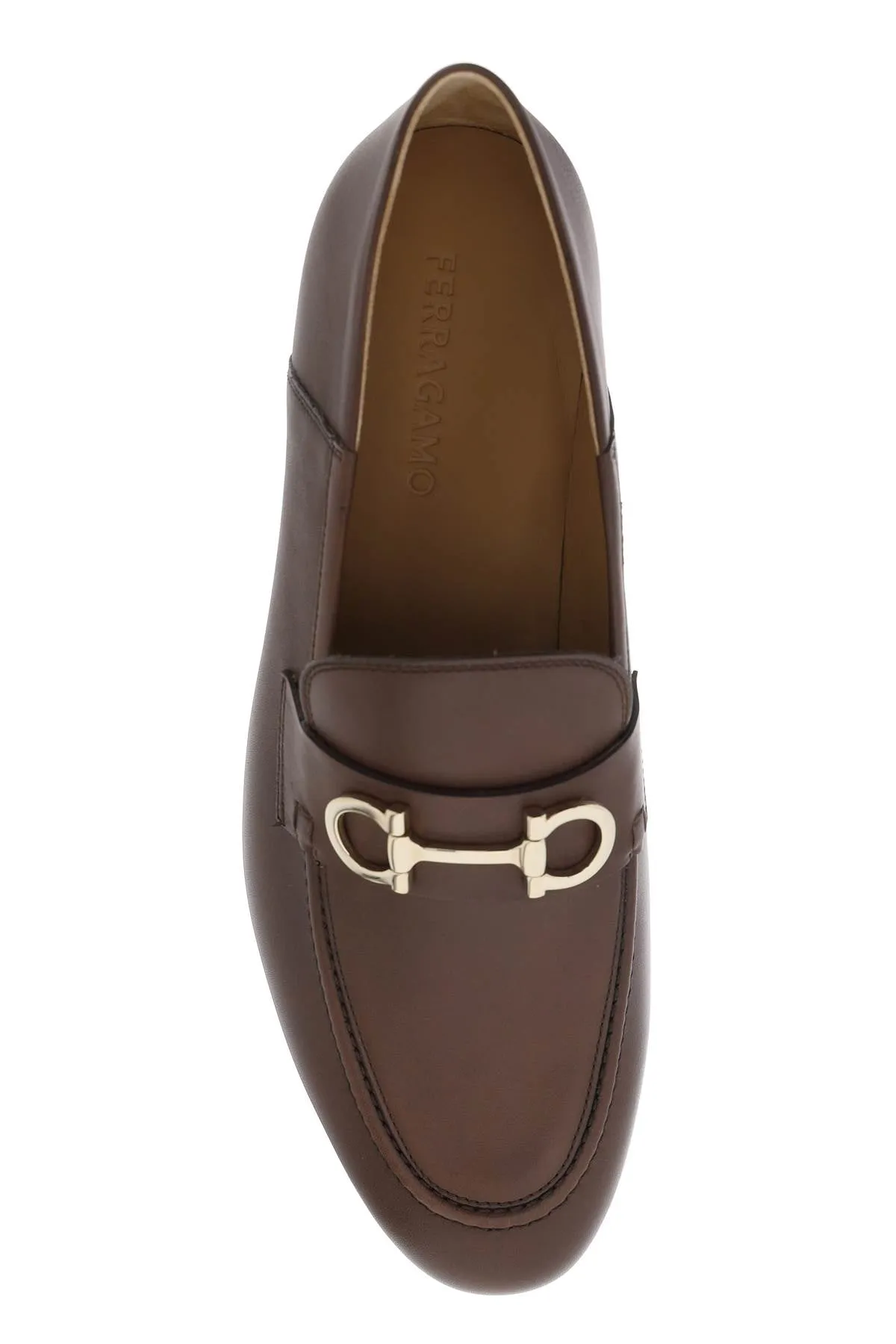 Ferragamo Men's Brown Gancini Hook Leather Loafers with Lightly Padded Insole