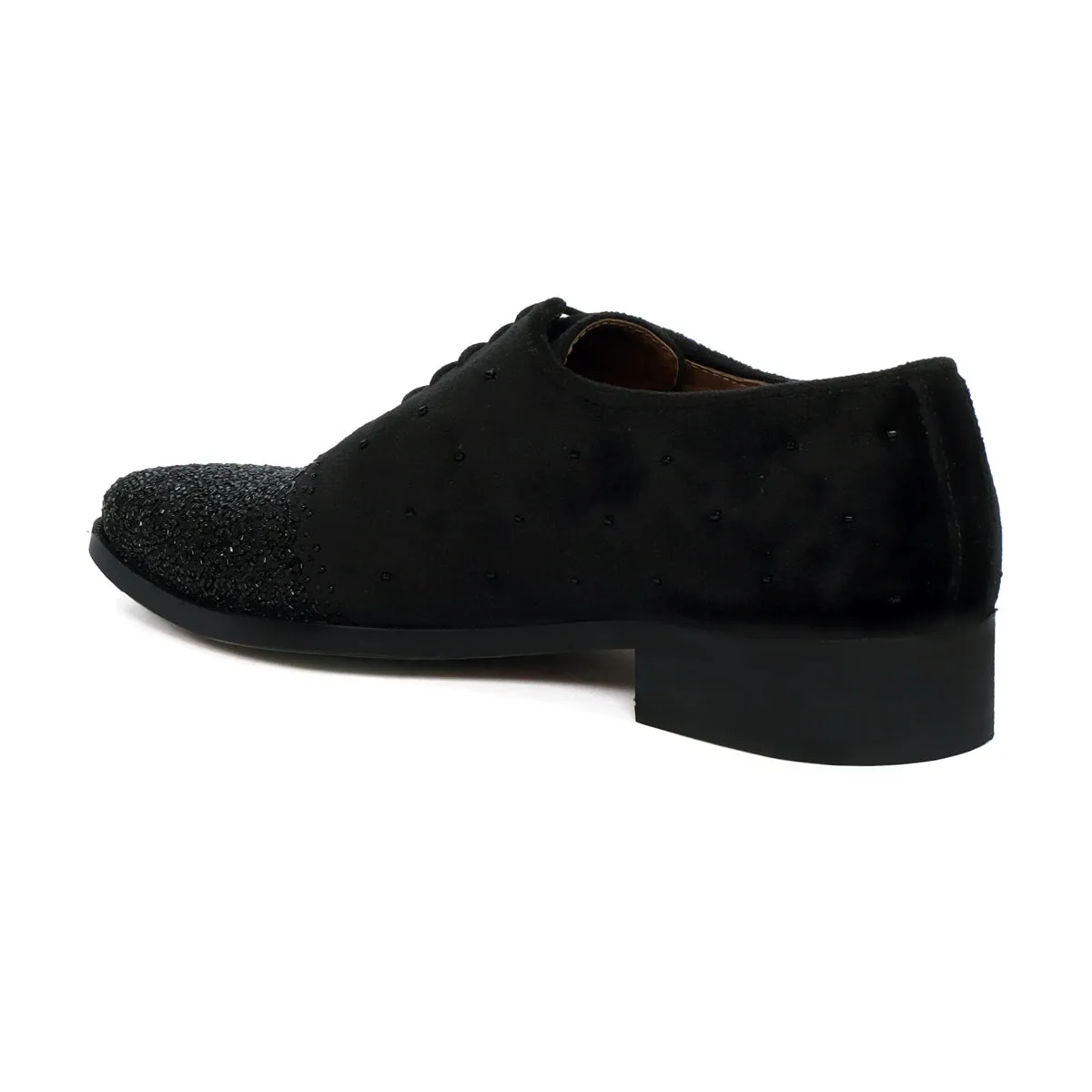 Formal Shoes In Black Velvet With Beads Hand Embroidery Embellishments For Men's