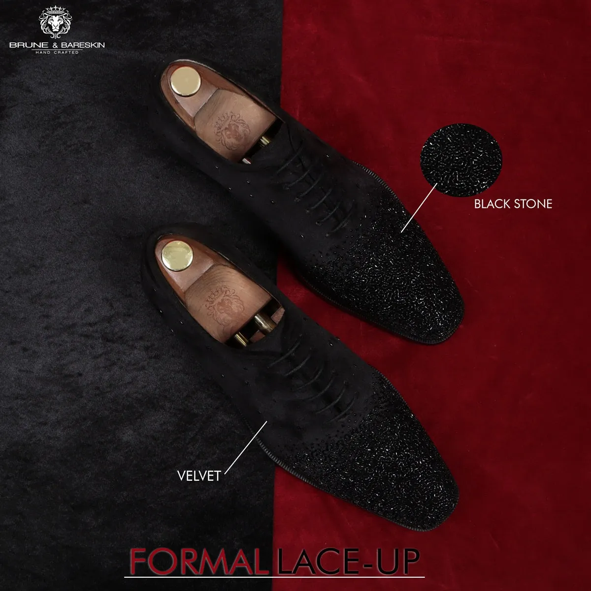Formal Shoes In Black Velvet With Beads Hand Embroidery Embellishments For Men's