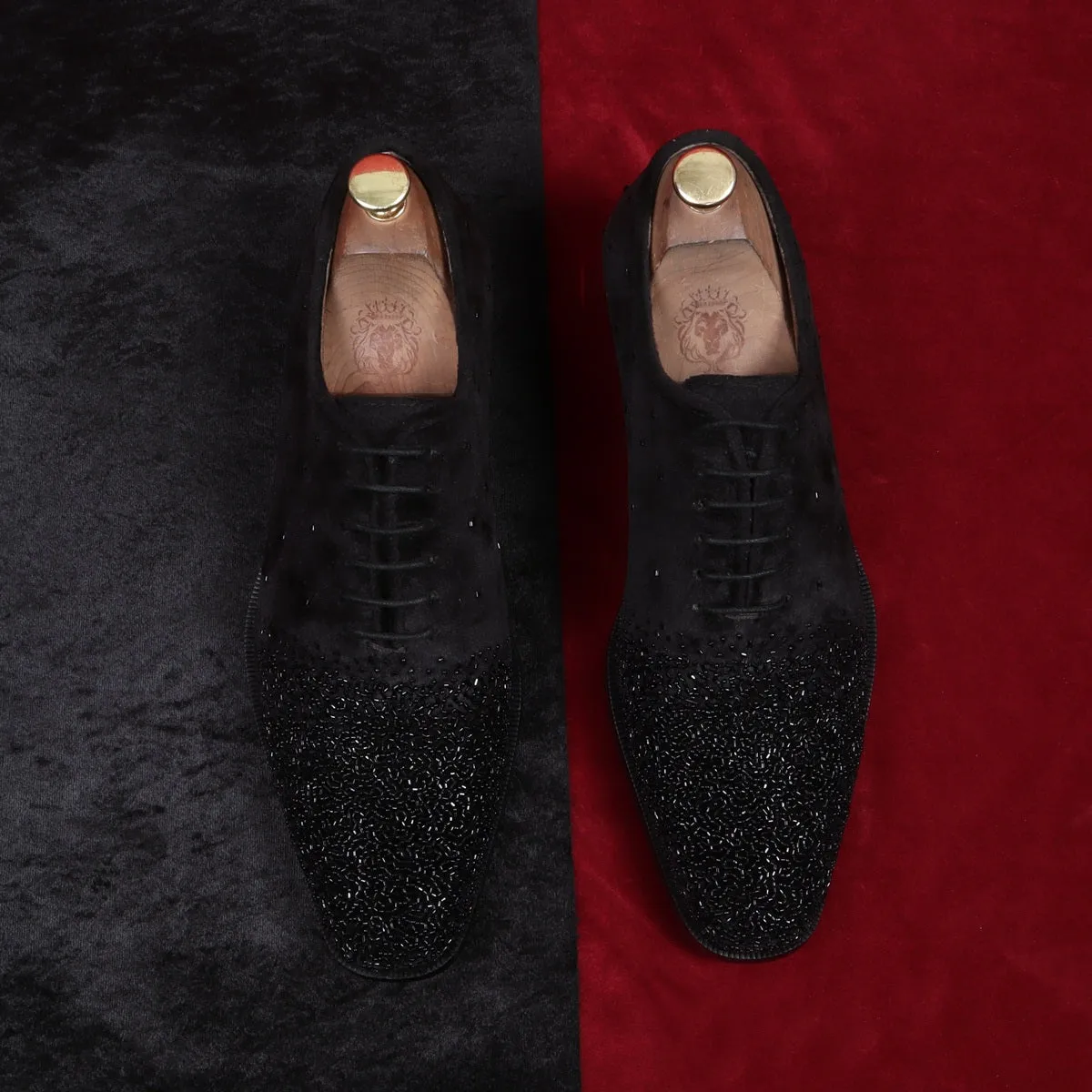 Formal Shoes In Black Velvet With Beads Hand Embroidery Embellishments For Men's