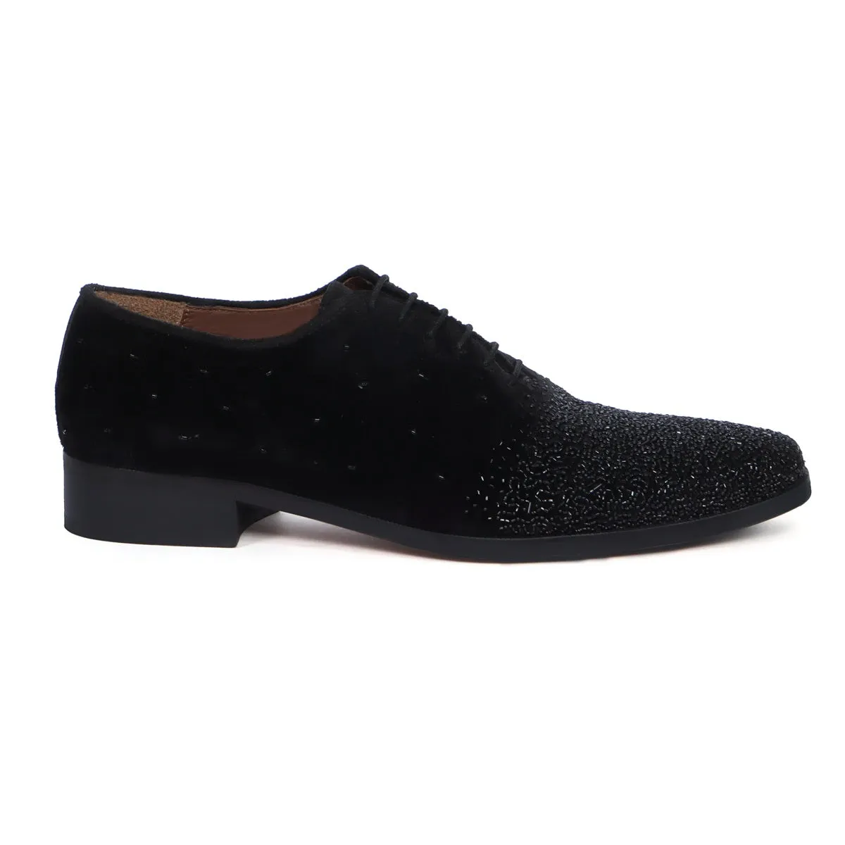 Formal Shoes In Black Velvet With Beads Hand Embroidery Embellishments For Men's