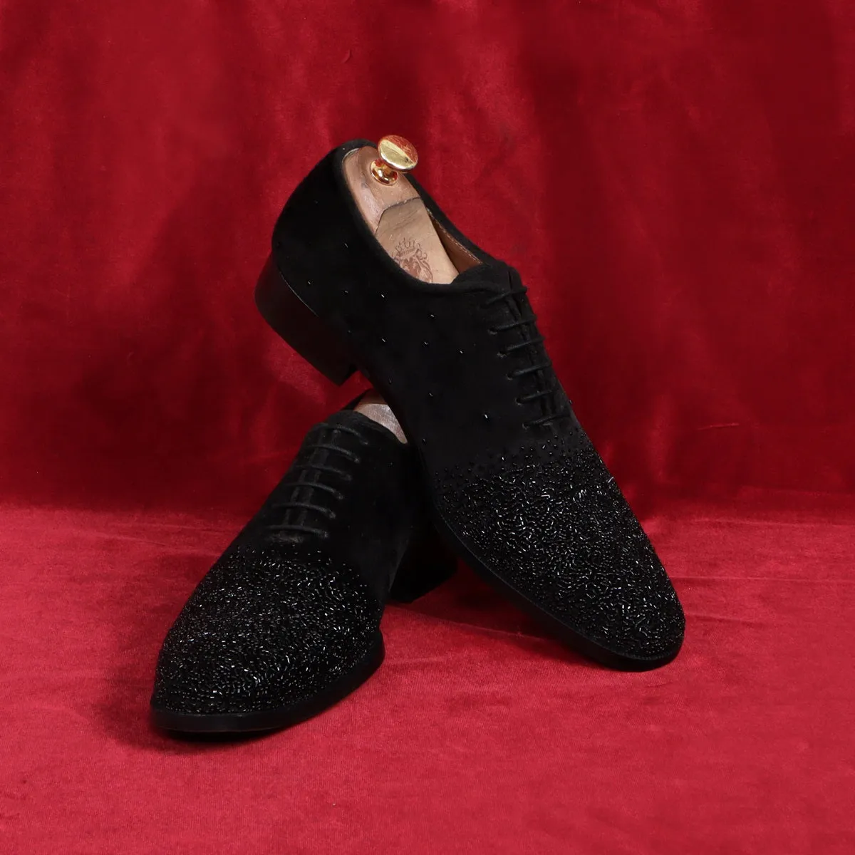 Formal Shoes In Black Velvet With Beads Hand Embroidery Embellishments For Men's