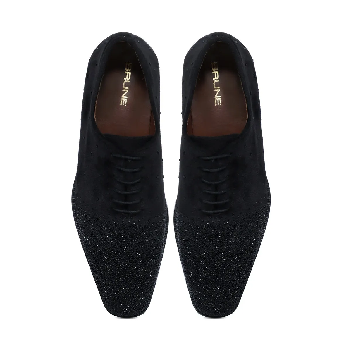 Formal Shoes In Black Velvet With Beads Hand Embroidery Embellishments For Men's