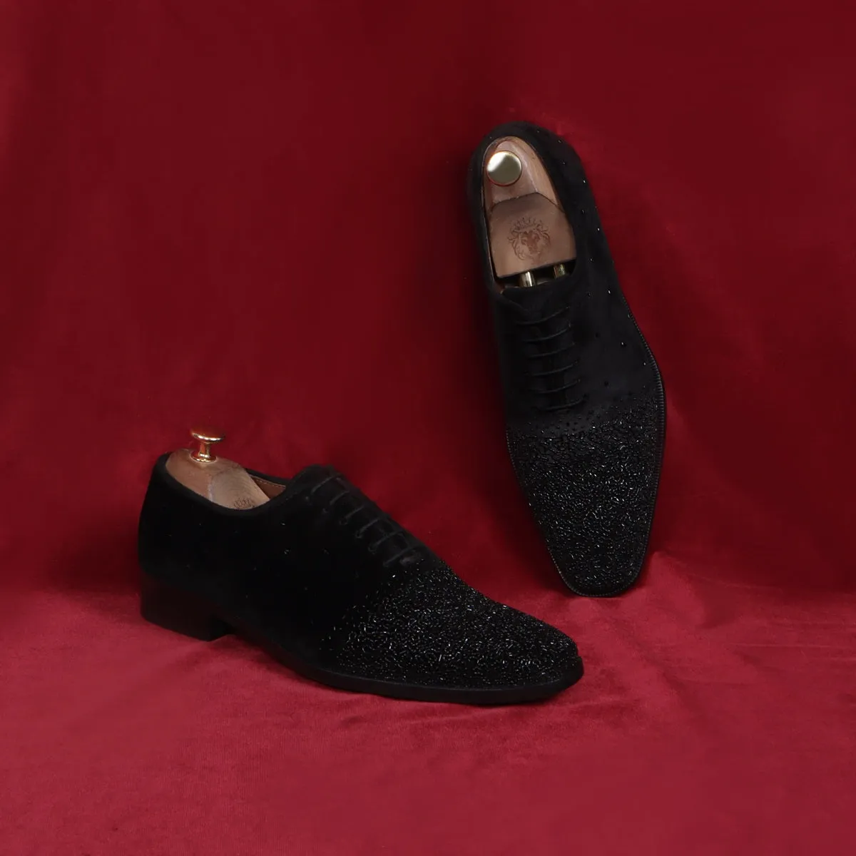 Formal Shoes In Black Velvet With Beads Hand Embroidery Embellishments For Men's