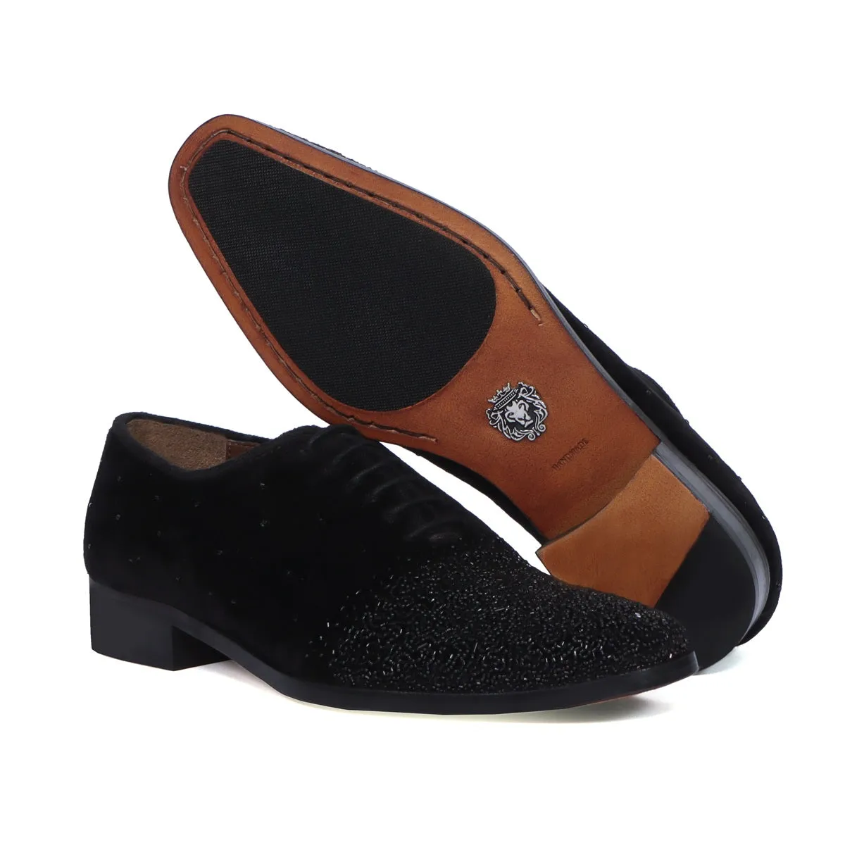 Formal Shoes In Black Velvet With Beads Hand Embroidery Embellishments For Men's
