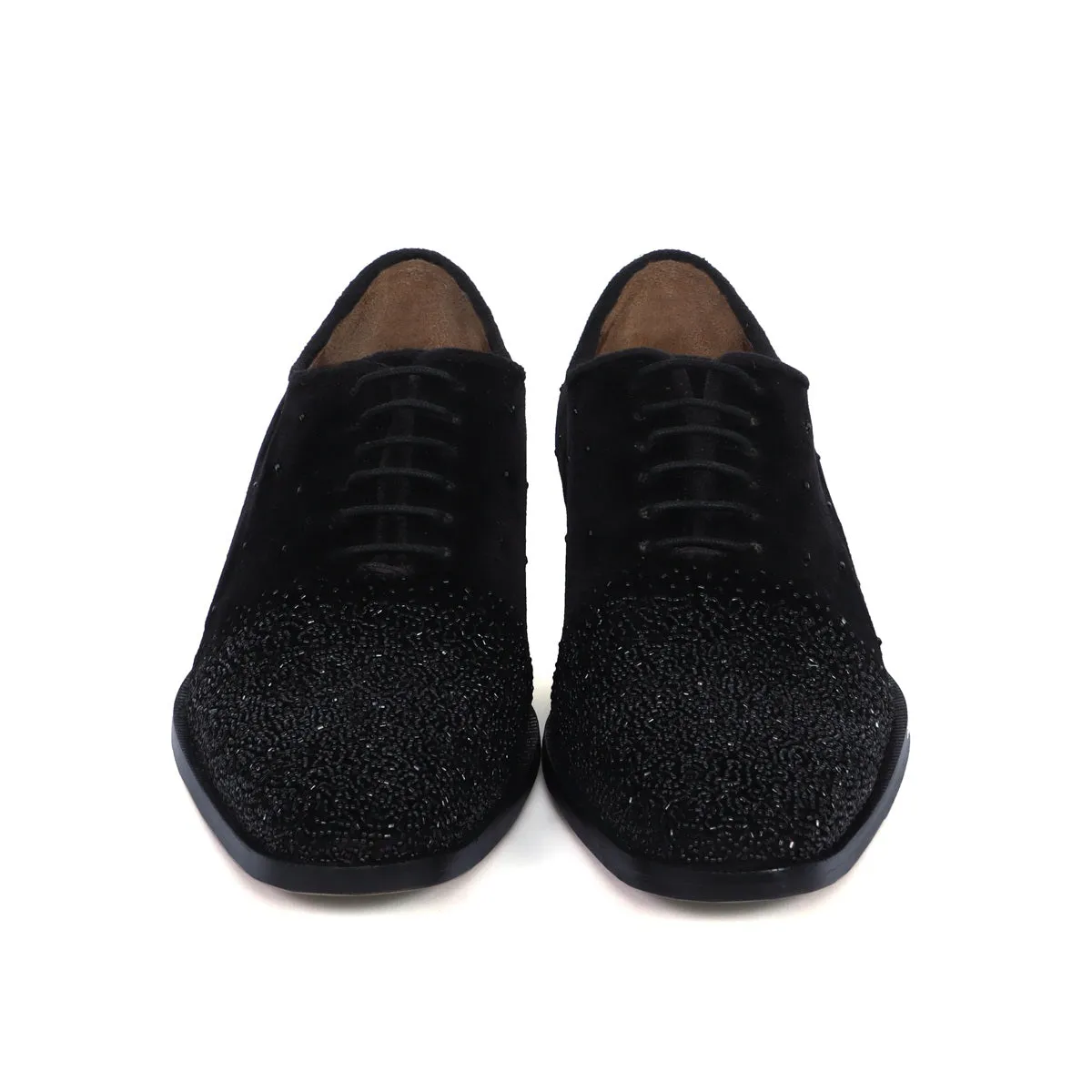 Formal Shoes In Black Velvet With Beads Hand Embroidery Embellishments For Men's