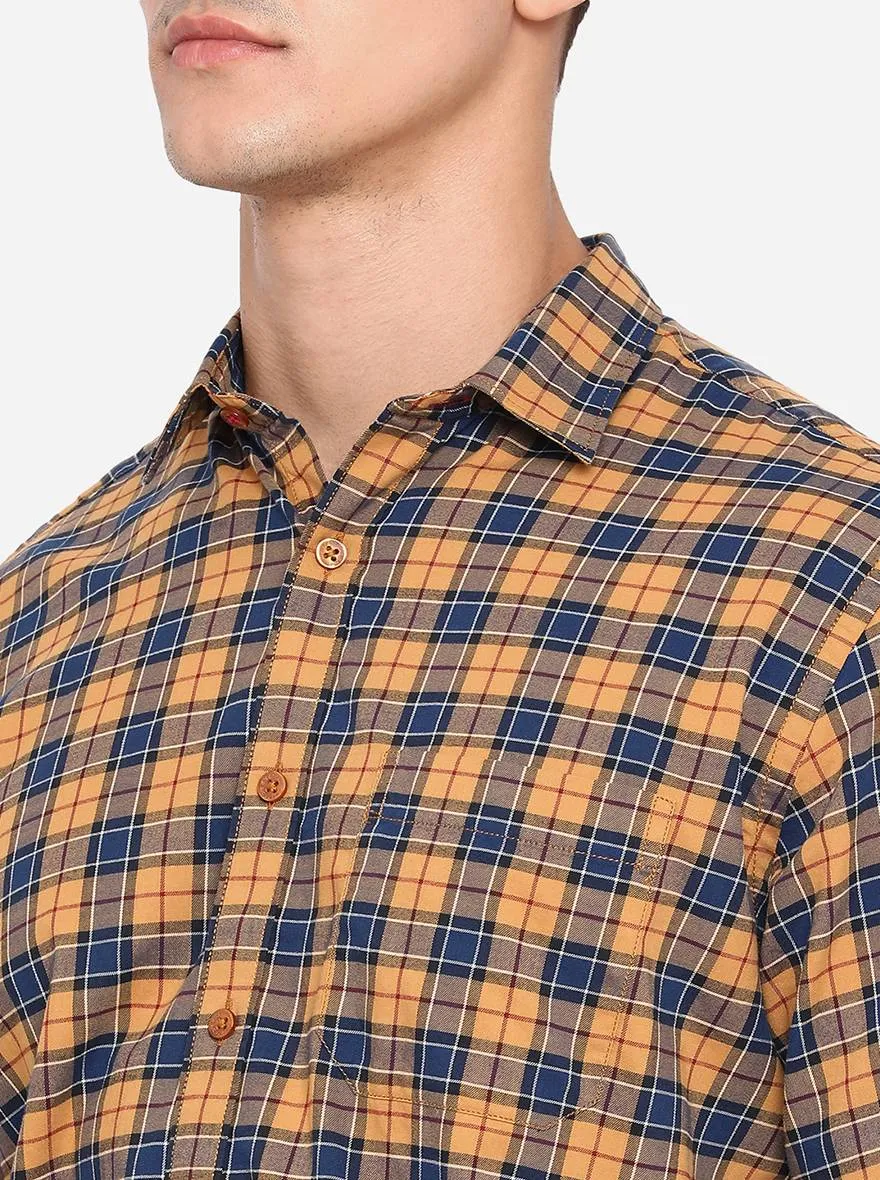 Golden & Navy Blue Checked Classic Fit Casual Shirt | Greenfibre