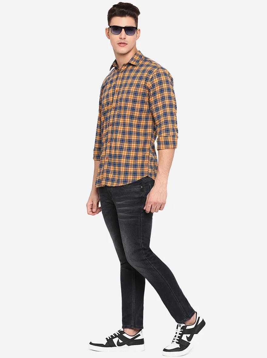 Golden & Navy Blue Checked Classic Fit Casual Shirt | Greenfibre