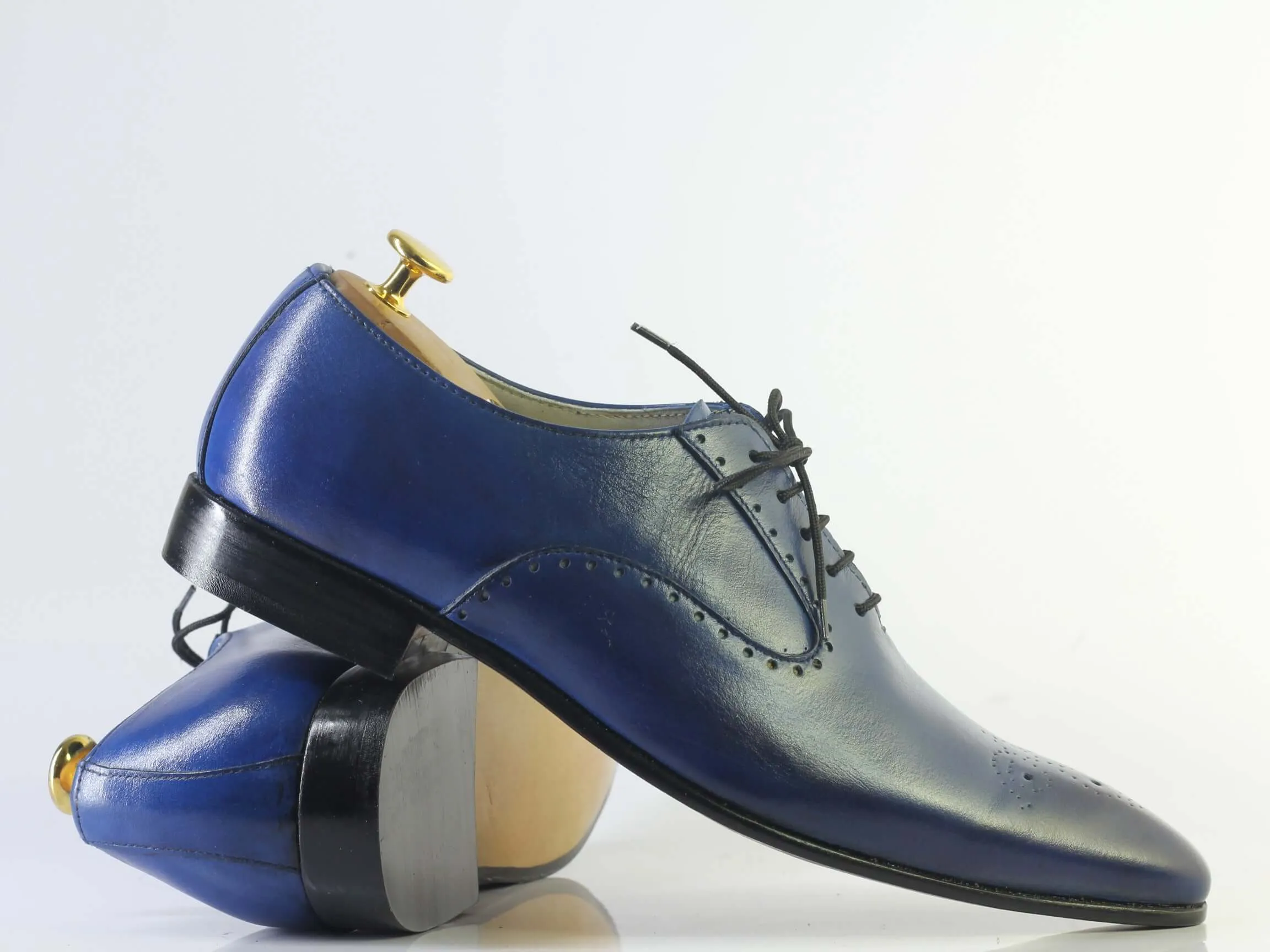 Handmade Men Blue Leather Wing Tip Brogue Shoes, Men Dress Formal Designer Shoes