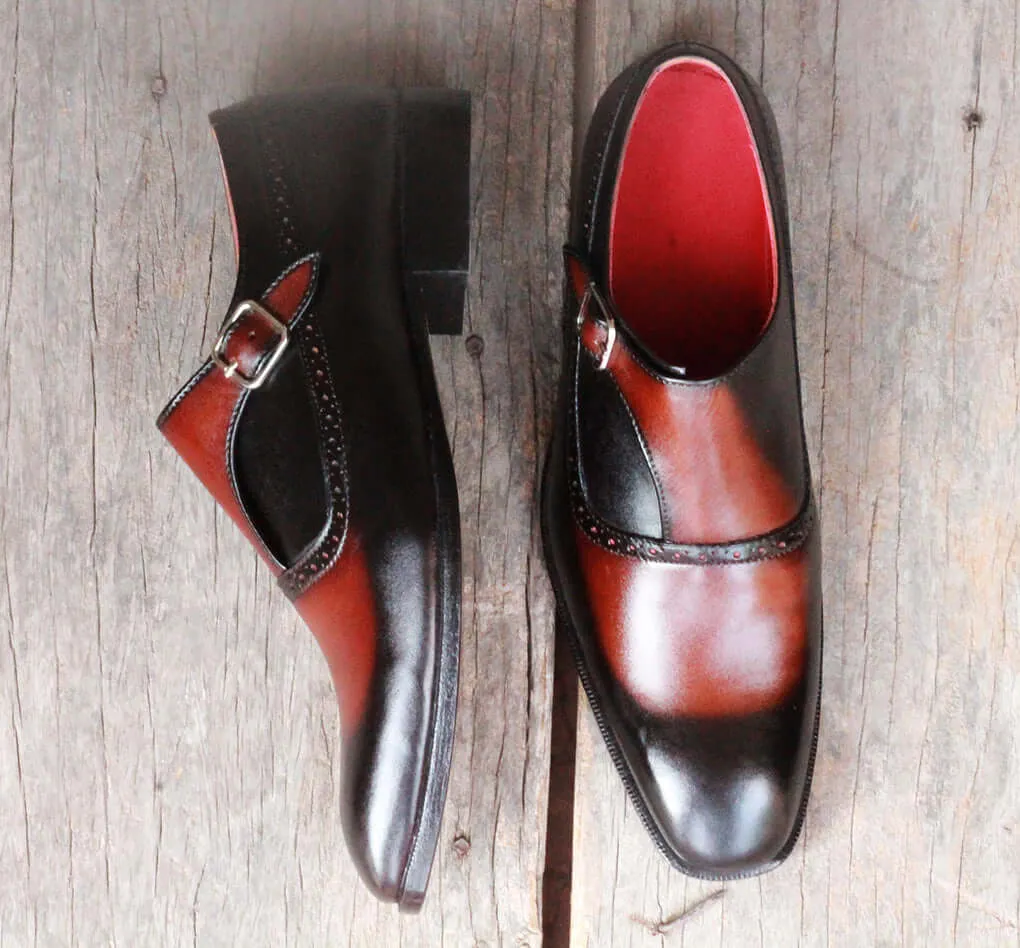Handmade Men's Black Brown Wing Tip Leather Monk Strap Shoes, Men Designer Dress Formal Shoes