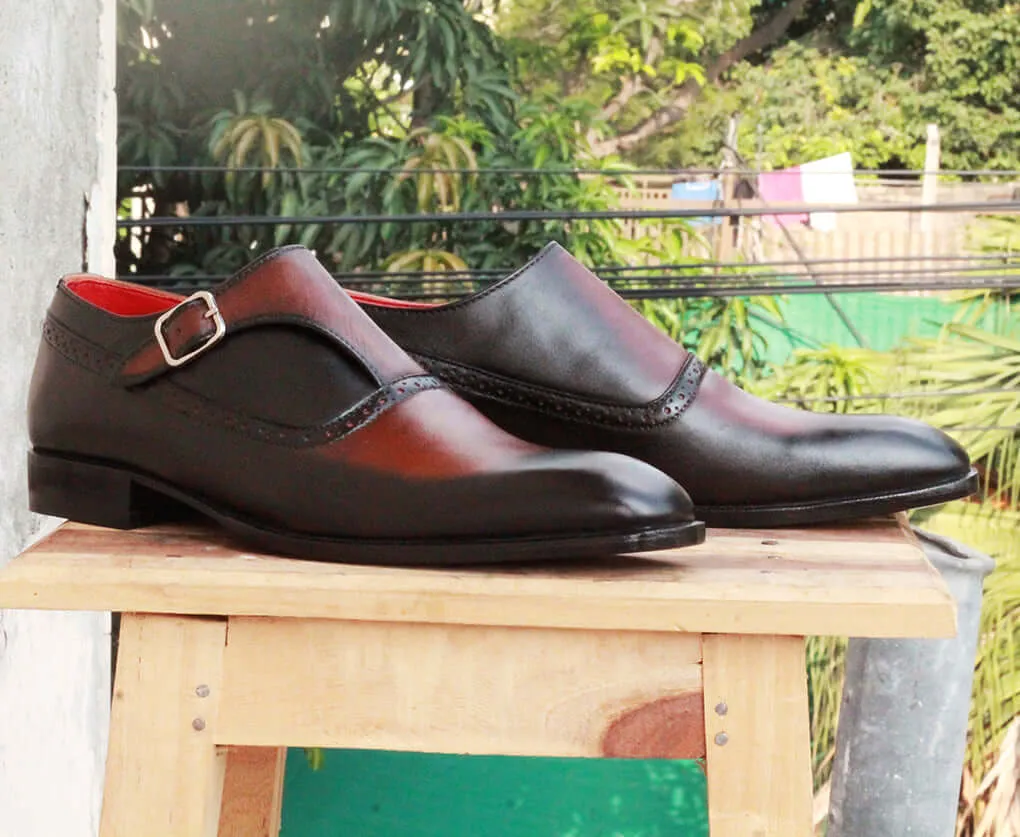 Handmade Men's Black Brown Wing Tip Leather Monk Strap Shoes, Men Designer Dress Formal Shoes